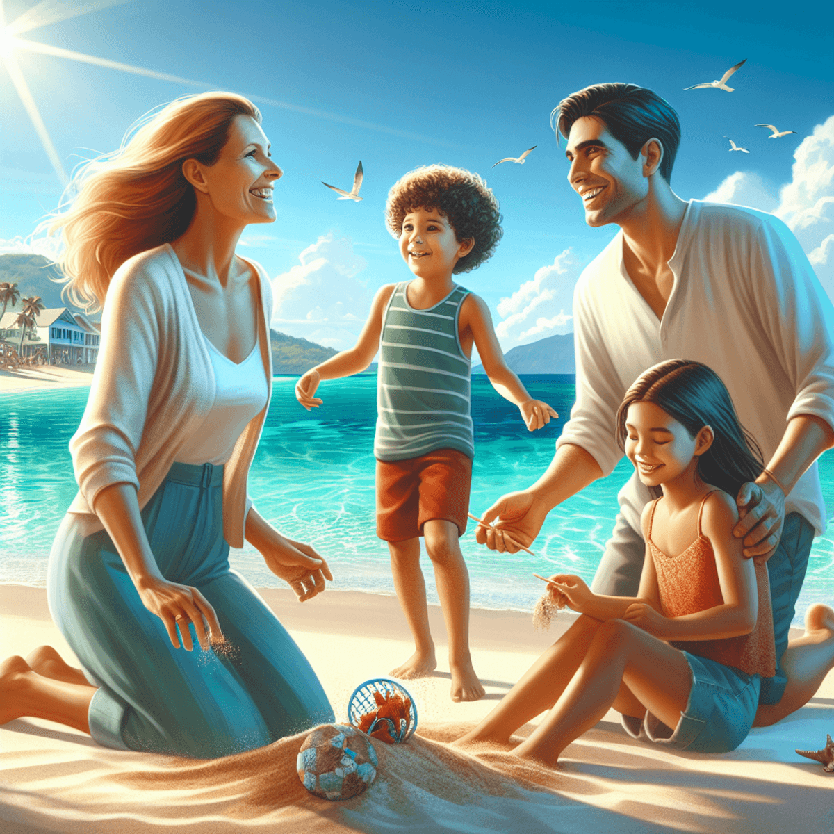 O familie fericită de patru persoane se află la plajă, cu o mamă de origine caucaziană și un tată de origine hispanică, care se joacă în nisip cu cei