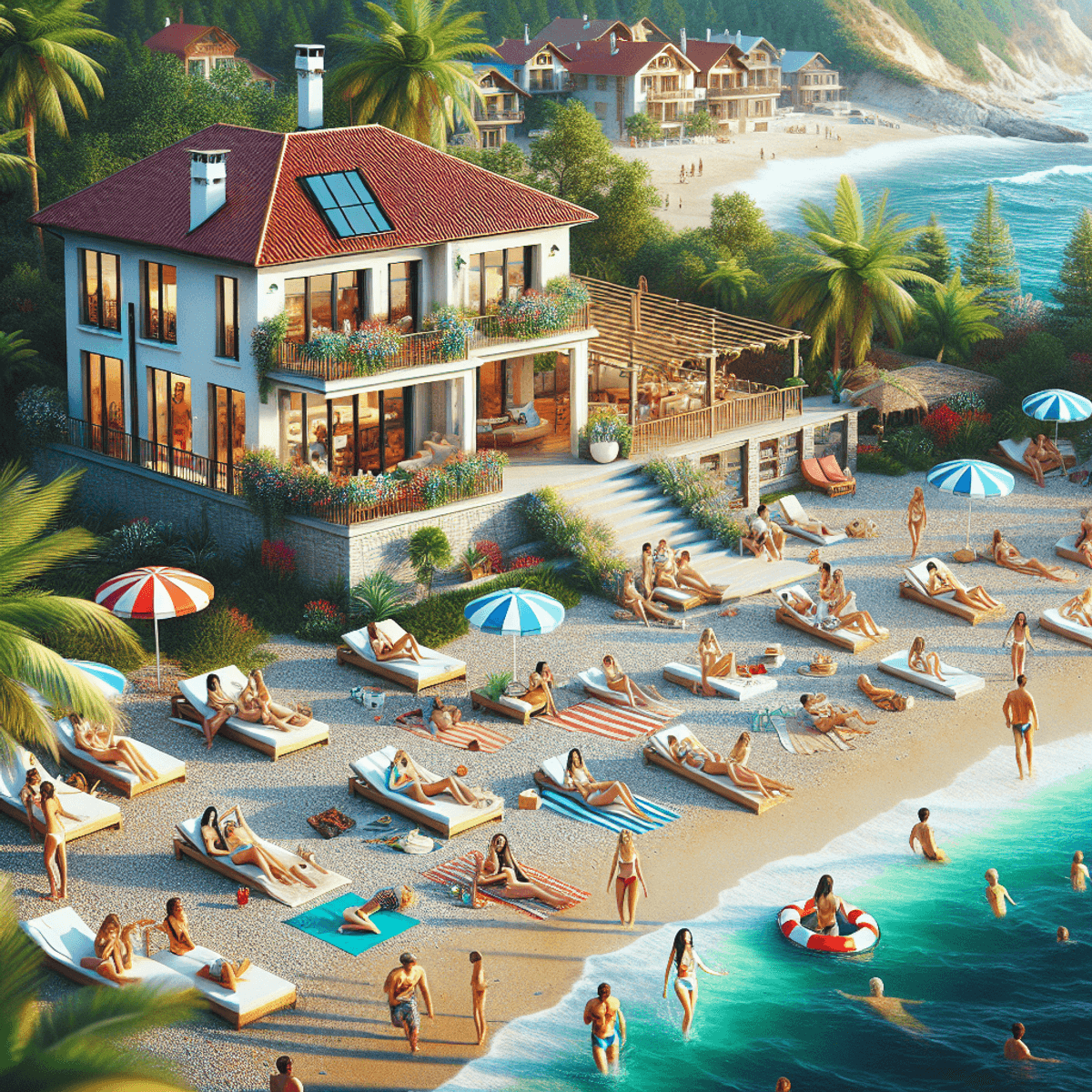 O imagine foto-realistică a unei scene de plajă din România, în care apare o casă de vacanță confortabilă lângă mare. Plaja nisipoasă este animată de
