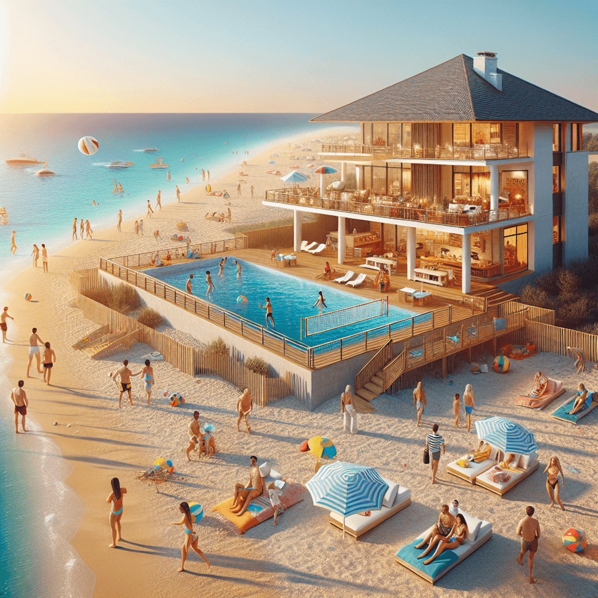 O imagine hiper-realistică a unei case de plajă de lux din Mamaia, România, cu o terasă care oferă o priveliște asupra unui ocean albastru liniștit. Î