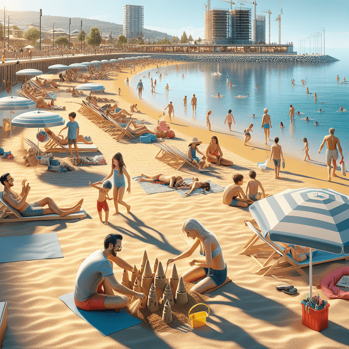 O scenă plină de viață de pe plaja din Agigea, România, cu nisipul auriu umplut de diferiți turiști. O familie hispanică construiește cu bucurie caste